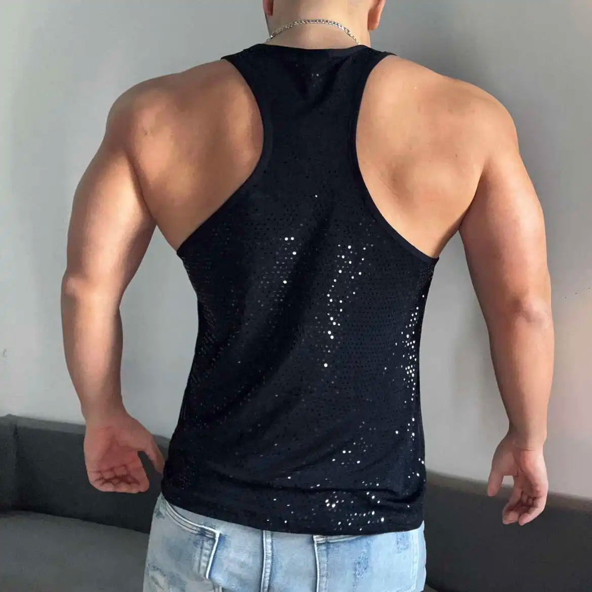 a sexy man in Black Back Bar Sequin Racerback Tank - pridevoyageshop.com - gay men's fashion, clubwear, party outfit

