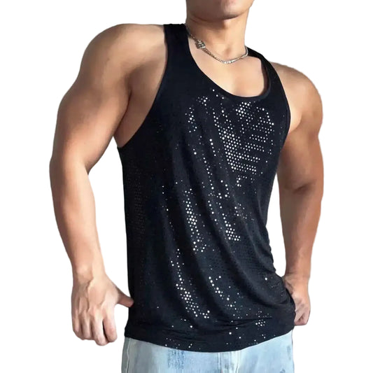 a sexy man in Black Back Bar Sequin Racerback Tank - pridevoyageshop.com - gay men's fashion, clubwear, party outfit
