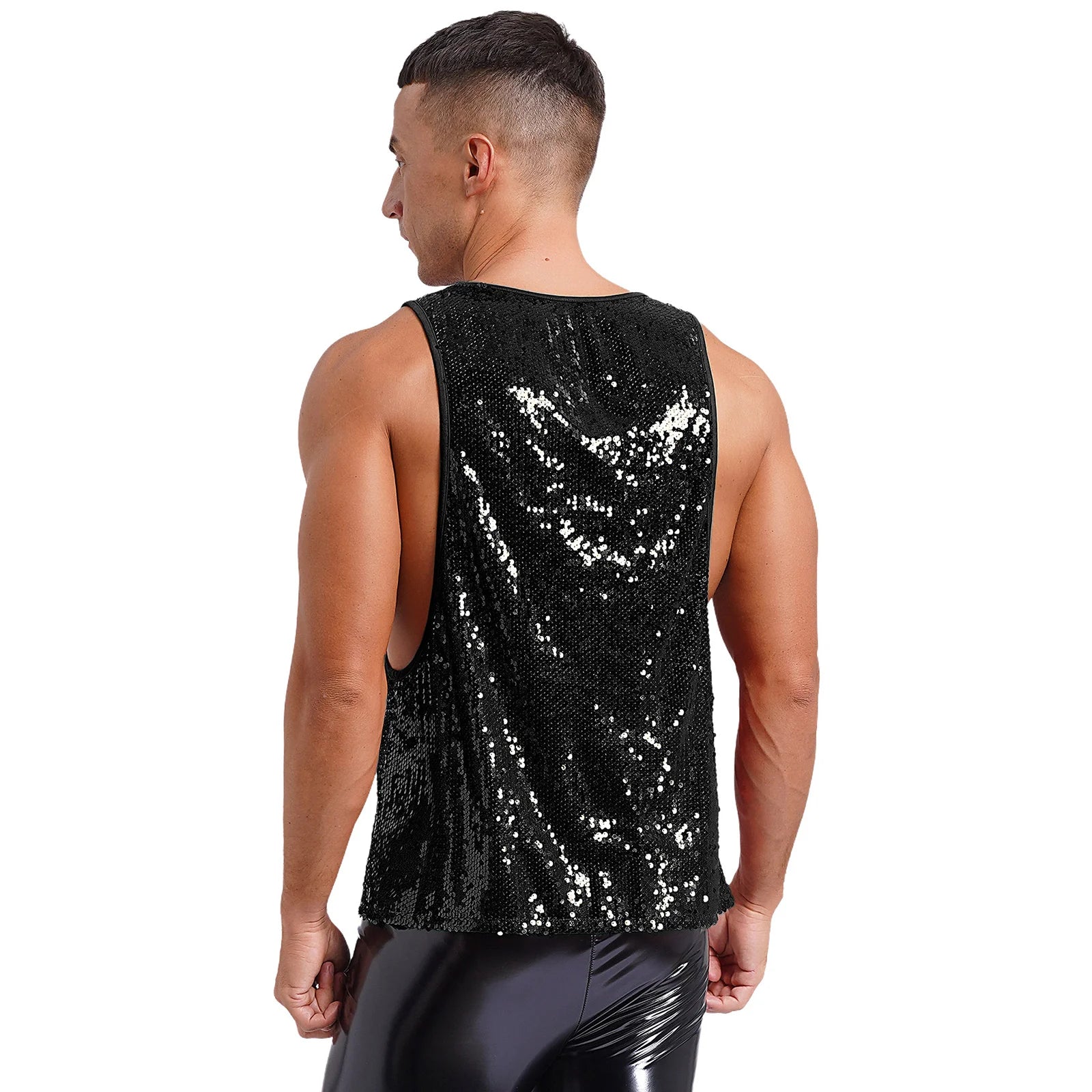 a sexy man in Black Bourbon Street Tease Deep Scoop Sequin Tank - pridevoyageshop.com - gay men's fashion, clubwear, party outfit
