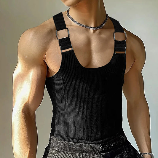 a sexy man in Black Boystown Buckle Baby Ribbed Tank - pridevoyageshop.com - gay men's fashion, clubwear, party outfit
