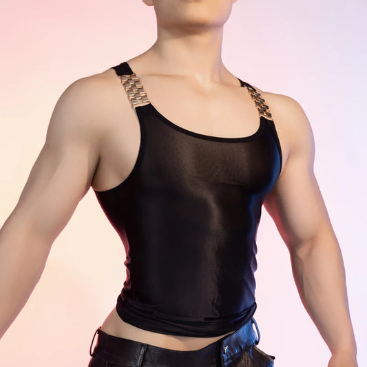 a sexy man in Black Circuit Chain Tank - pridevoyageshop.com - gay men's fashion, clubwear, party outfit
