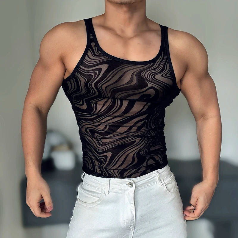 a sexy man in Black Disco Mirage Mesh Top - pridevoyageshop.com - gay men's fashion, clubwear, party outfit

