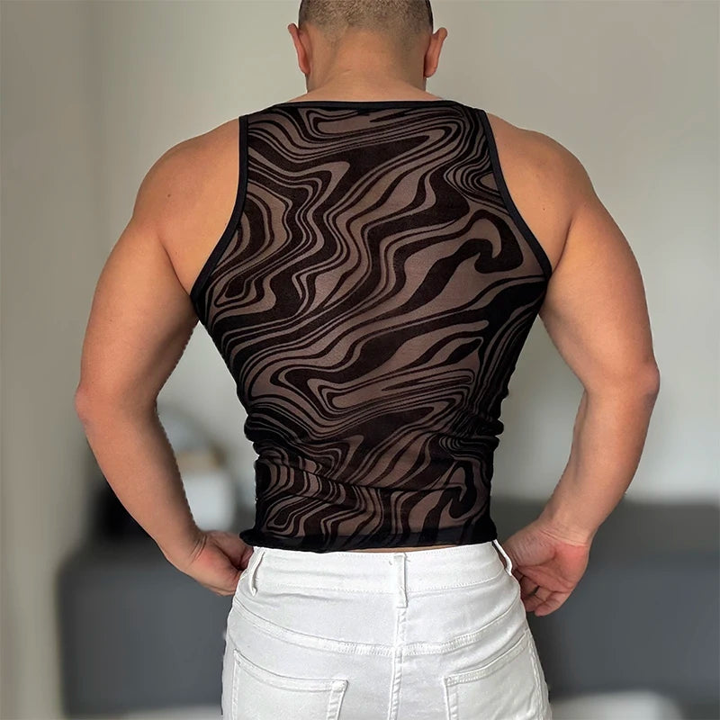 a sexy man in Black Disco Mirage Mesh Top - pridevoyageshop.com - gay men's fashion, clubwear, party outfit
