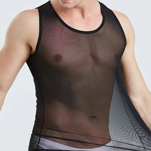 a sexy man in Black Discreet Mesh Tank - pridevoyageshop.com - gay men's fashion, clubwear, party outfit
