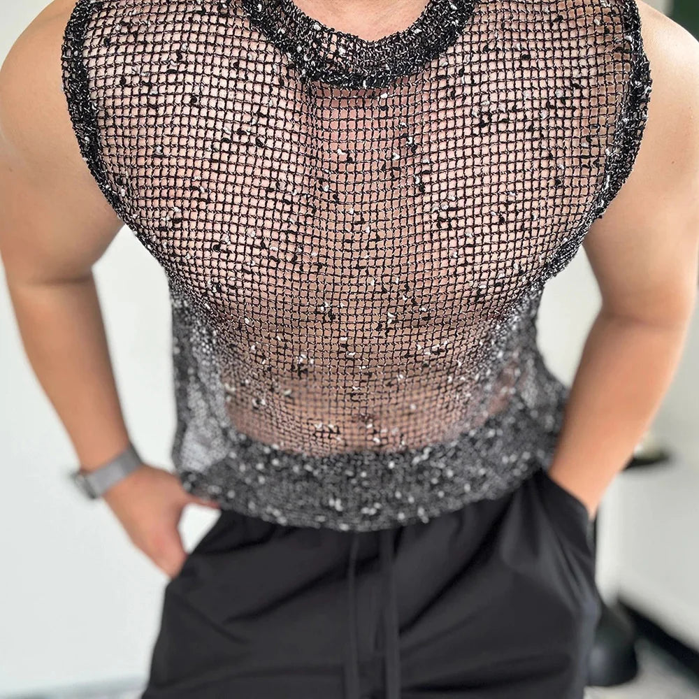 a sexy man in Black Dive Bar Sequin MeshTank - pridevoyageshop.com - gay men's fashion, clubwear, party outfit
