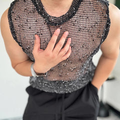 a sexy man in Black Dive Bar Sequin MeshTank - pridevoyageshop.com - gay men's fashion, clubwear, party outfit
