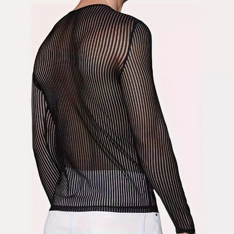 a sexy man in Black Dominion Striped Mesh Long Sleeve - pridevoyageshop.com - gay men's fashion, clubwear, party outfit

