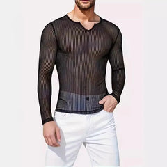 a sexy man in Black Dominion Striped Mesh Long Sleeve - pridevoyageshop.com - gay men's fashion, clubwear, party outfit
