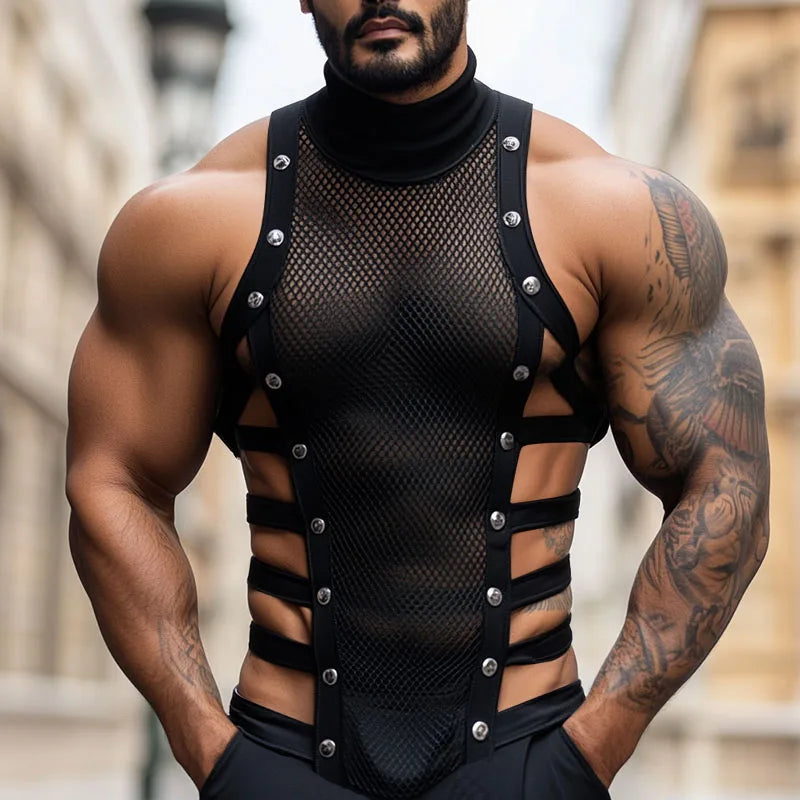 a sexy man in Black Folsom Fantasy Studded Mesh Harness Top - pridevoyageshop.com - gay men's harness, fetish gear, rave outfit
