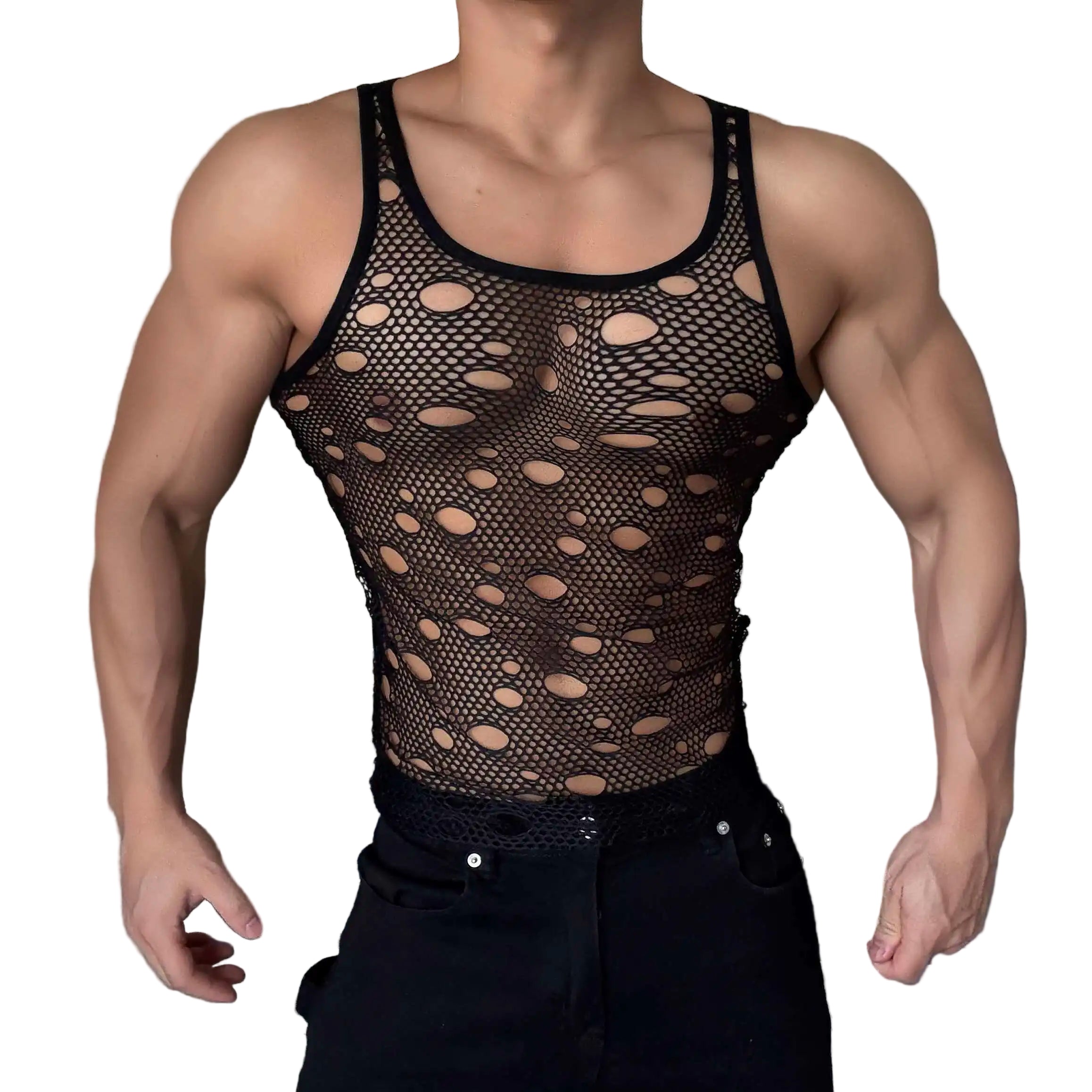 a sexy man in Black Go-Go Holey Cut-Out Mesh Top - pridevoyageshop.com - gay men's fashion, clubwear, party outfit
