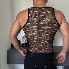 a sexy man in Black Go-Go Holey Cut-Out Mesh Top - pridevoyageshop.com - gay men's fashion, clubwear, party outfit
