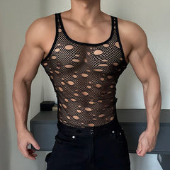 a sexy man in Black Go-Go Holey Cut-Out Mesh Top - pridevoyageshop.com - gay men's fashion, clubwear, party outfit
