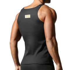 a sexy man in Black Gray Muscle Mary Ribbed Strap Top - pridevoyageshop.com - gay men's fashion, clubwear, party outfit

