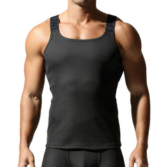 a sexy man in Black Gray Muscle Mary Ribbed Strap Top - pridevoyageshop.com - gay men's fashion, clubwear, party outfit
