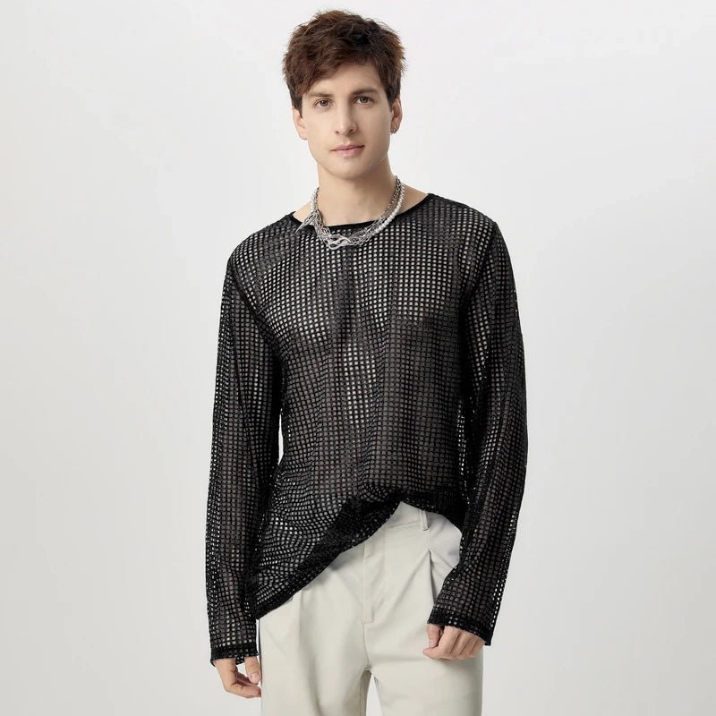 a sexy man in Black Hook Fishnet Long Sleeve Top - pridevoyageshop.com - gay men's fashion, clubwear, party outfit
