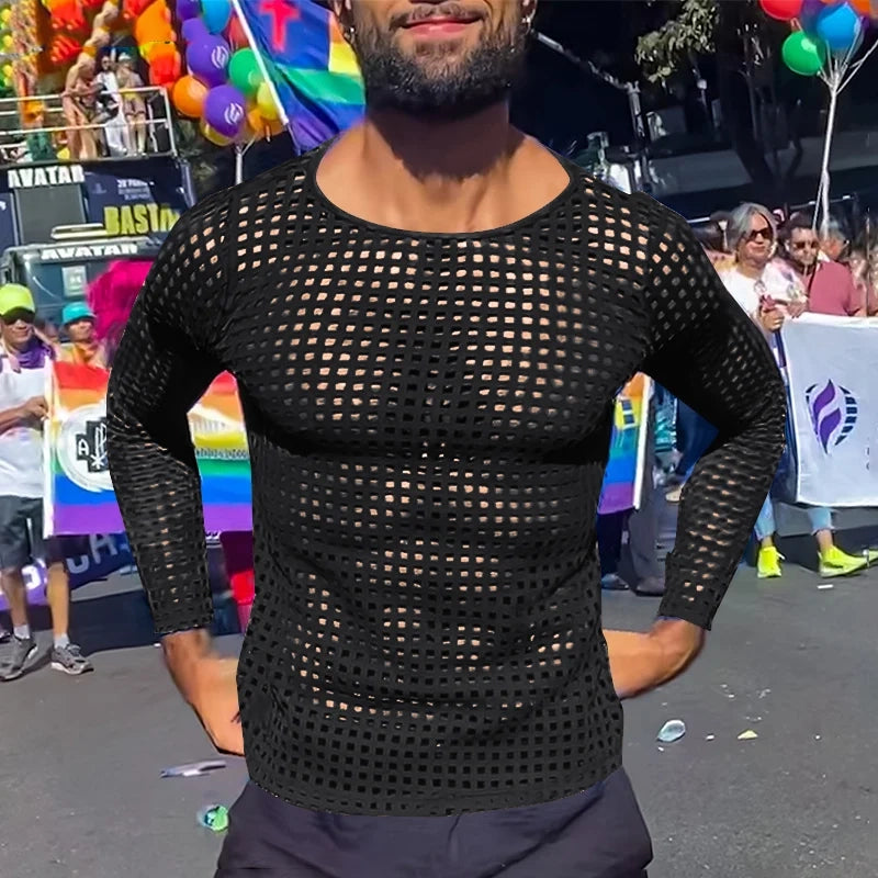 a sexy man in Black Hook Fishnet Long Sleeve Top - pridevoyageshop.com - gay men's fashion, clubwear, party outfit
