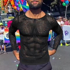 a sexy man in Black Hook Fishnet Long Sleeve Top - pridevoyageshop.com - gay men's fashion, clubwear, party outfit
