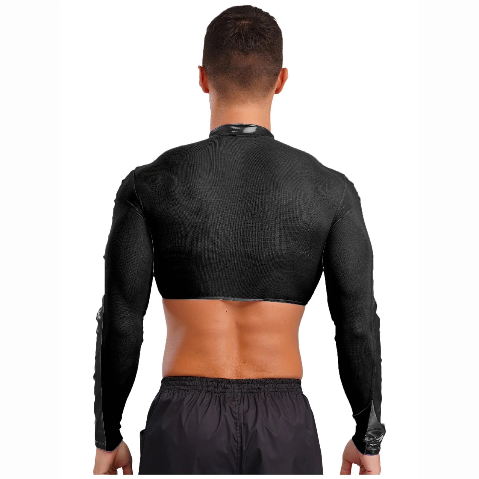a sexy man in Black Hyperstrike Crop Jacket - pridevoyageshop.com - gay men's fashion, clubwear, party outfit
