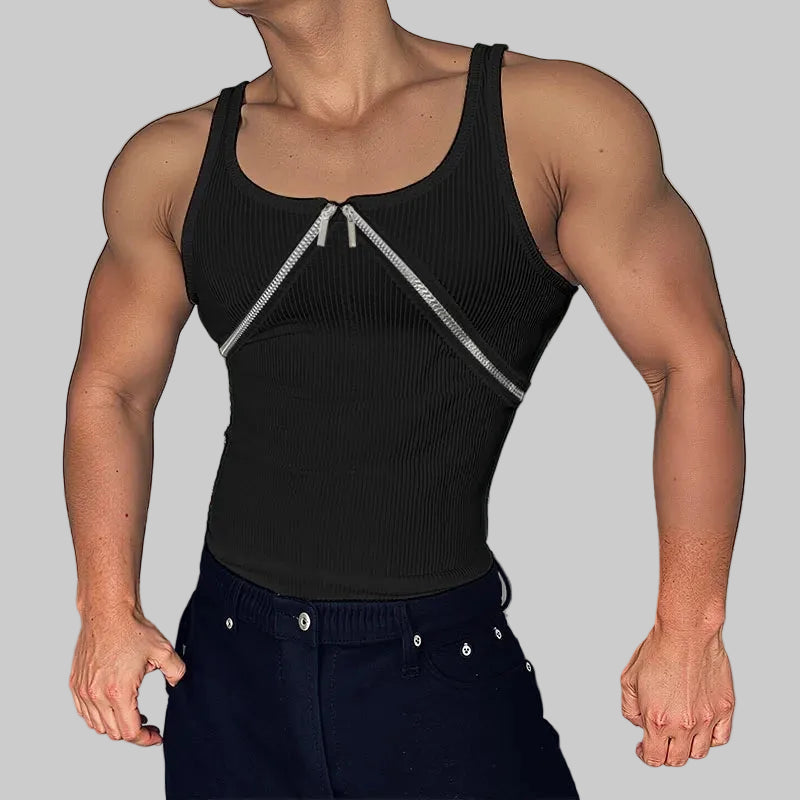 a sexy man in Black Market Days Zip Detail Ribbed Tank - pridevoyageshop.com - gay men's fashion, clubwear, party outfit
