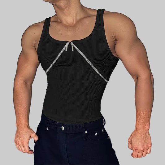 a sexy man in Black Market Days Zip Detail Ribbed Tank - pridevoyageshop.com - gay men's fashion, clubwear, party outfit
