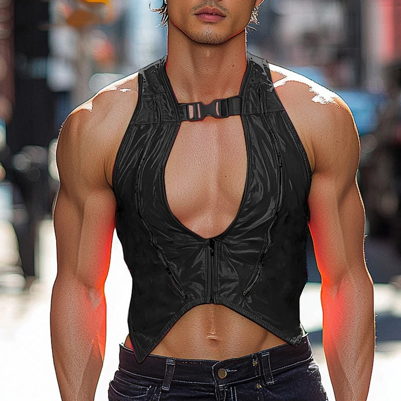a sexy man in Black Men’s Bubblegum Shiny Cutout Vest - pridevoyageshop.com - gay men's harness, fetish gear, rave outfit
