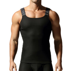 a sexy man in Black Muscle Mary Ribbed Strap Top - pridevoyageshop.com - gay men's fashion, clubwear, party outfit
