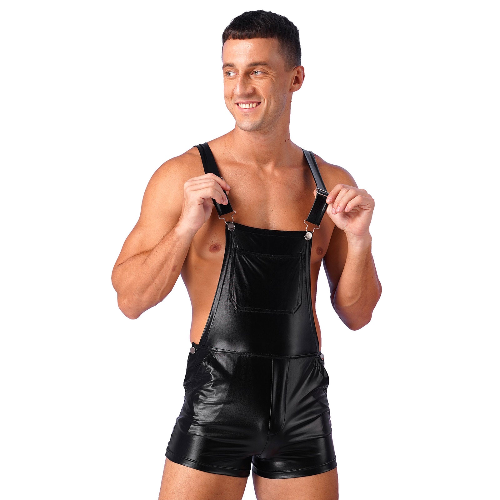 a sexy man in Black P-Town Party Shortalls - pridevoyageshop.com - gay men's fashion, clubwear, party outfit
