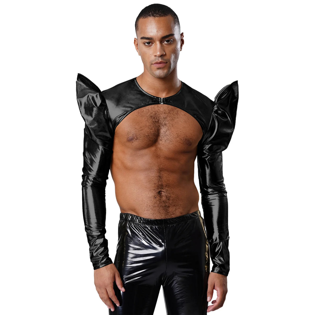 a sexy man in Black Pop Rocket Metallic Shiny Crop Top - pridevoyageshop.com - gay men's fashion, clubwear, party outfit

