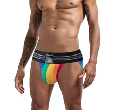 a sexy man in Black Pride Flash Bikini Brief - pridevoyageshop.com - gay men's underwear, Pride rainbow bikini