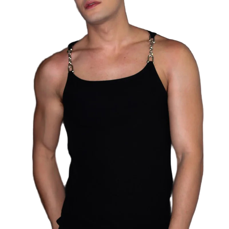 a sexy man in Black Pull Me Closer Chain Strap Tank - pridevoyageshop.com - gay men's fashion, clubwear, party outfit
