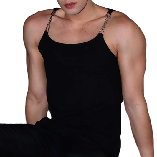 a sexy man in Black Pull Me Closer Chain Strap Tank - pridevoyageshop.com - gay men's fashion, clubwear, party outfit

