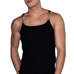 a sexy man in Black Pull Me Closer Chain Strap Tank - pridevoyageshop.com - gay men's fashion, clubwear, party outfit
