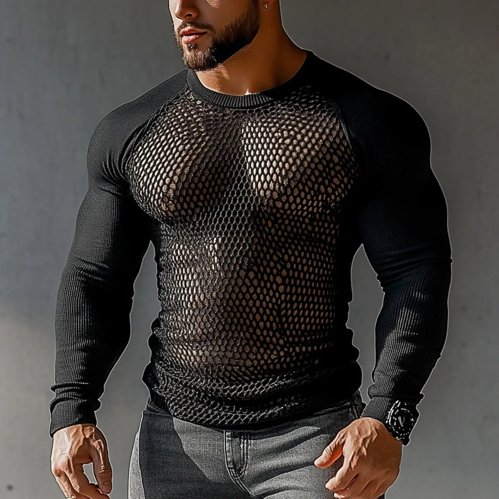 a sexy man in Black Raglan Renegade Fishnet Long Sleeve Shirt - pridevoyageshop.com - gay men's fashion, clubwear, party outfit
