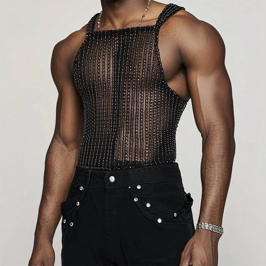 a sexy man in Black Sparkle Brat Mesh Tank - pridevoyageshop.com - gay men's fashion, clubwear, party outfit
