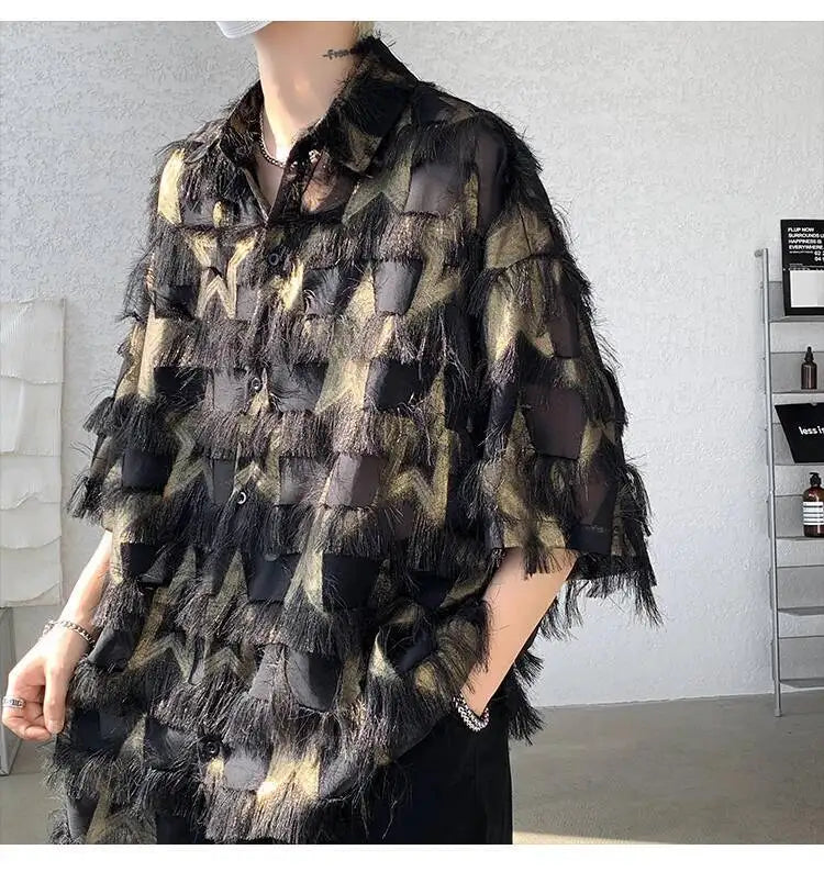 a sexy man in Black Starfall Fringe Shirt - pridevoyageshop.com - gay men's fashion, clubwear, party outfit
