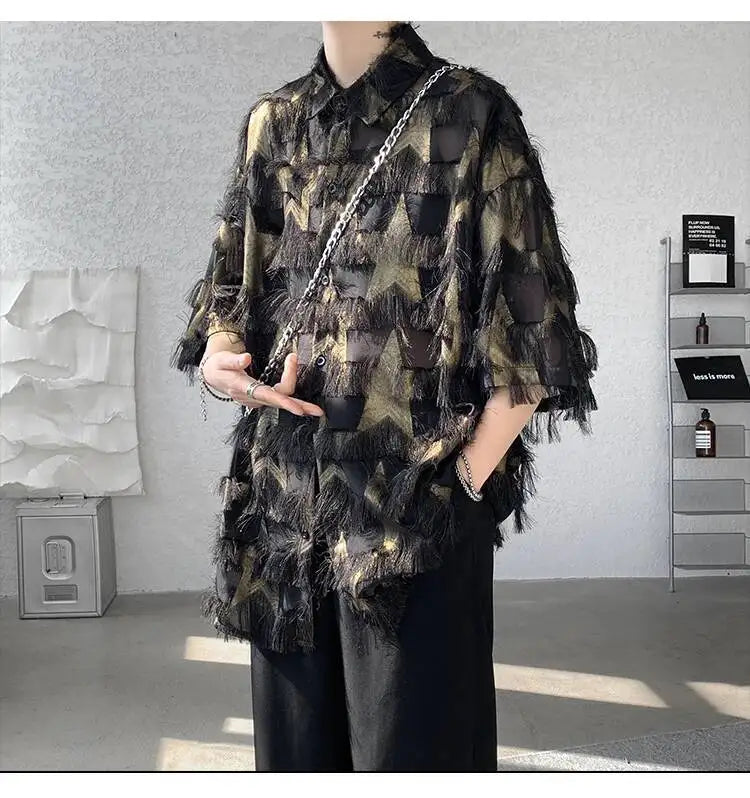 a sexy man in Black Starfall Fringe Shirt - pridevoyageshop.com - gay men's fashion, clubwear, party outfit
