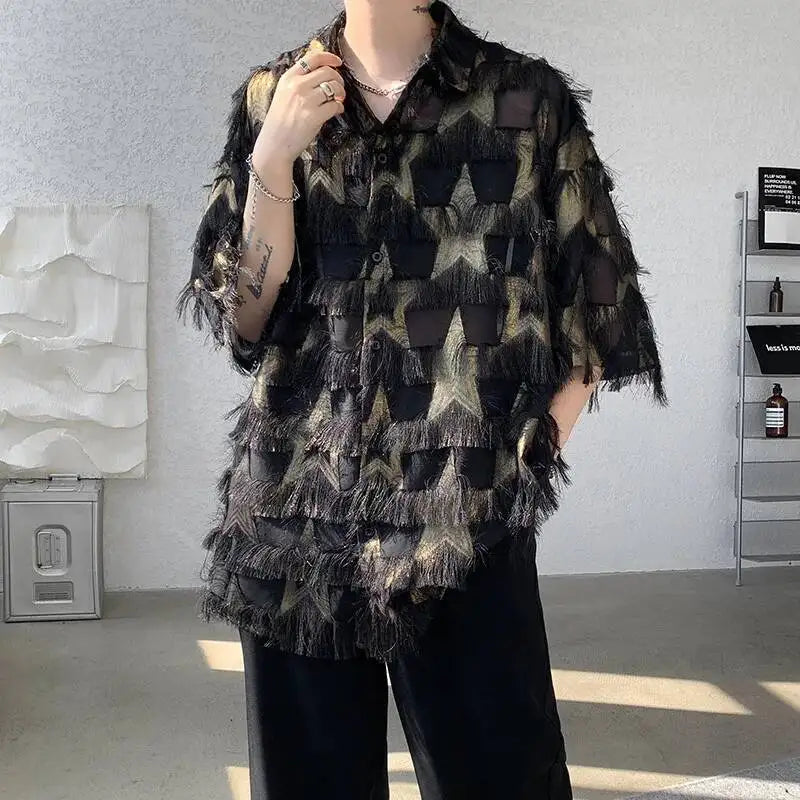 a sexy man in Black Starfall Fringe Shirt - pridevoyageshop.com - gay men's fashion, clubwear, party outfit
