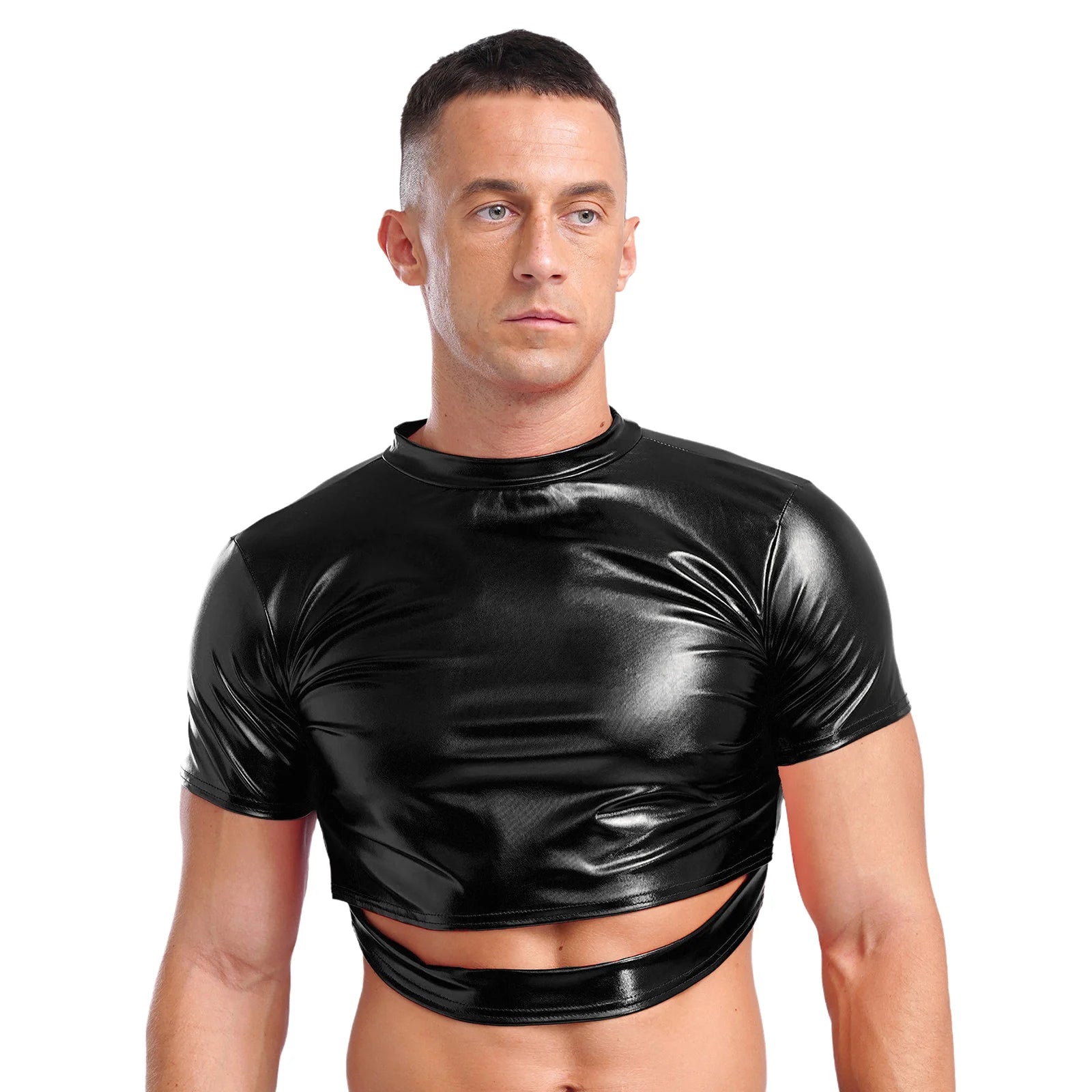 a sexy man in Black Strobe Crop Tee - pridevoyageshop.com - gay men's fashion, clubwear, party outfit
