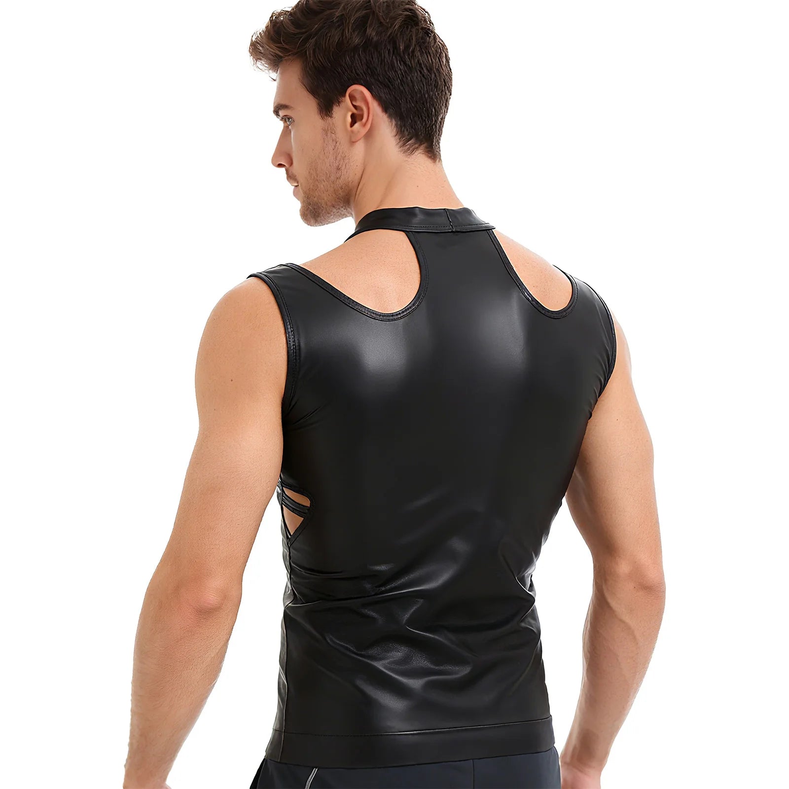a sexy man in Black Tension PU Leather Choker Tank - pridevoyageshop.com - gay men's harness, fetish gear, rave outfit
