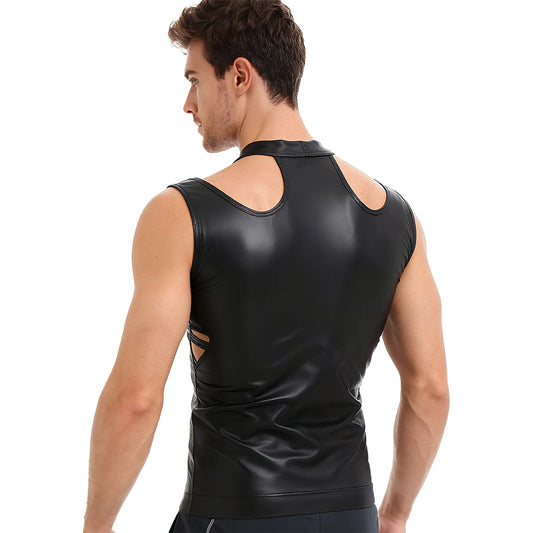 a sexy man in Black Tension PU Leather Choker Tank - pridevoyageshop.com - gay men's harness, fetish gear, rave outfit
