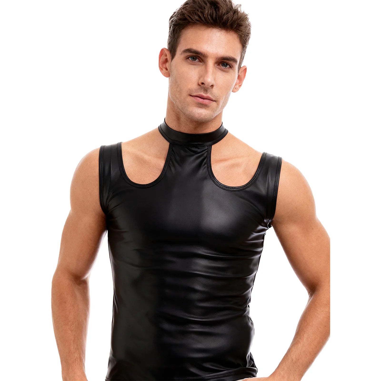 a sexy man in Black Tension PU Leather Choker Tank - pridevoyageshop.com - gay men's harness, fetish gear, rave outfit
