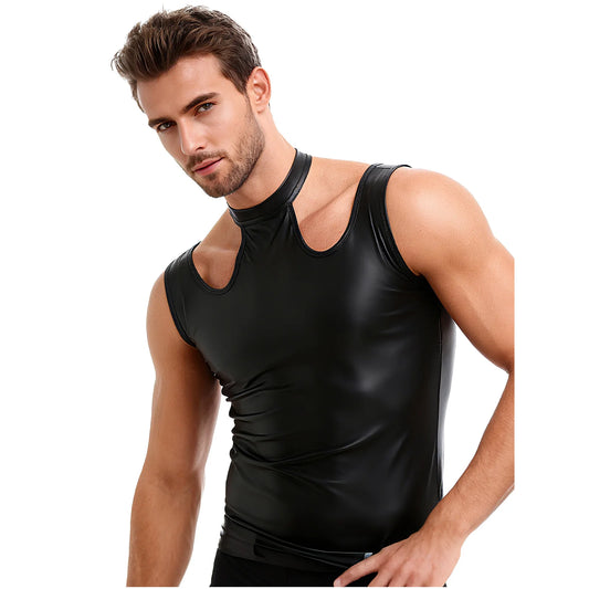 a sexy man in Black Tension PU Leather Choker Tank - pridevoyageshop.com - gay men's harness, fetish gear, rave outfit
