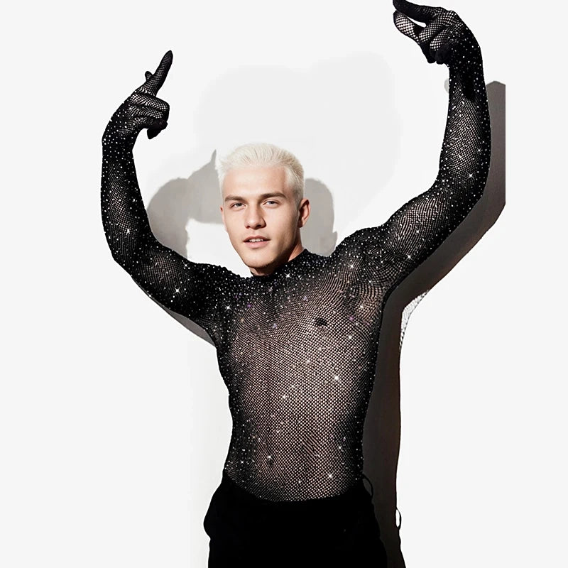 a sexy man in Black The Center of the Universe Rhinestone Mesh Top - pridevoyageshop.com - gay men's fashion, clubwear, party outfit
