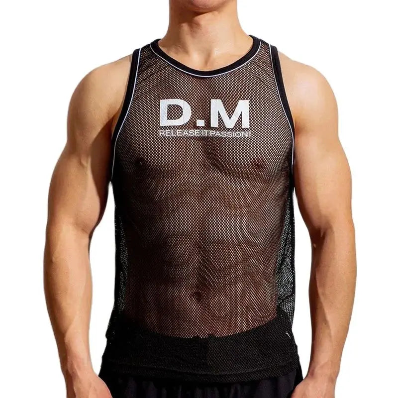 a sexy man in Black The DM Is Open Mesh Tank - pridevoyageshop.com - gay men's fashion, clubwear, party outfit
