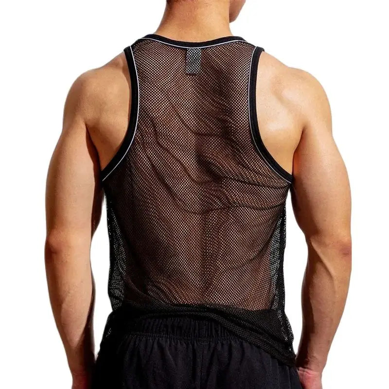 a sexy man in Black The DM Is Open Mesh Tank - pridevoyageshop.com - gay men's fashion, clubwear, party outfit
