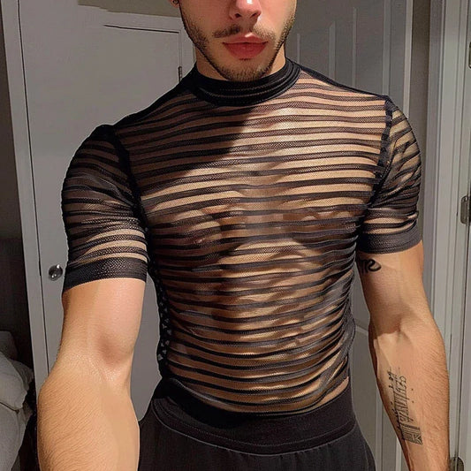 a sexy man in Black The TV Is On Shirt Stripe Mesh Tee - pridevoyageshop.com - gay men's fashion, clubwear, party outfit

