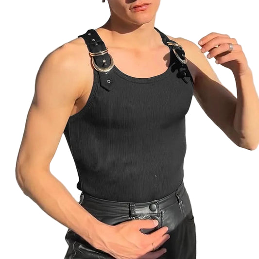 a sexy man in Black Warehouse Code Harness Top - pridevoyageshop.com - gay men's harness, fetish gear, rave outfit
