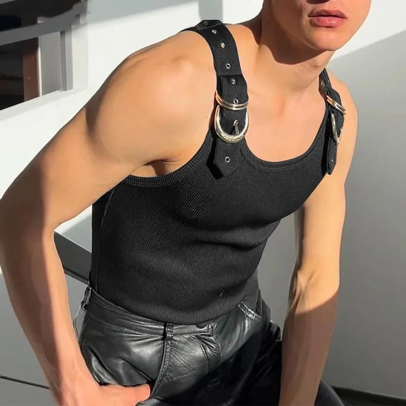 a sexy man in Black Warehouse Code Harness Top - pridevoyageshop.com - gay men's harness, fetish gear, rave outfit
