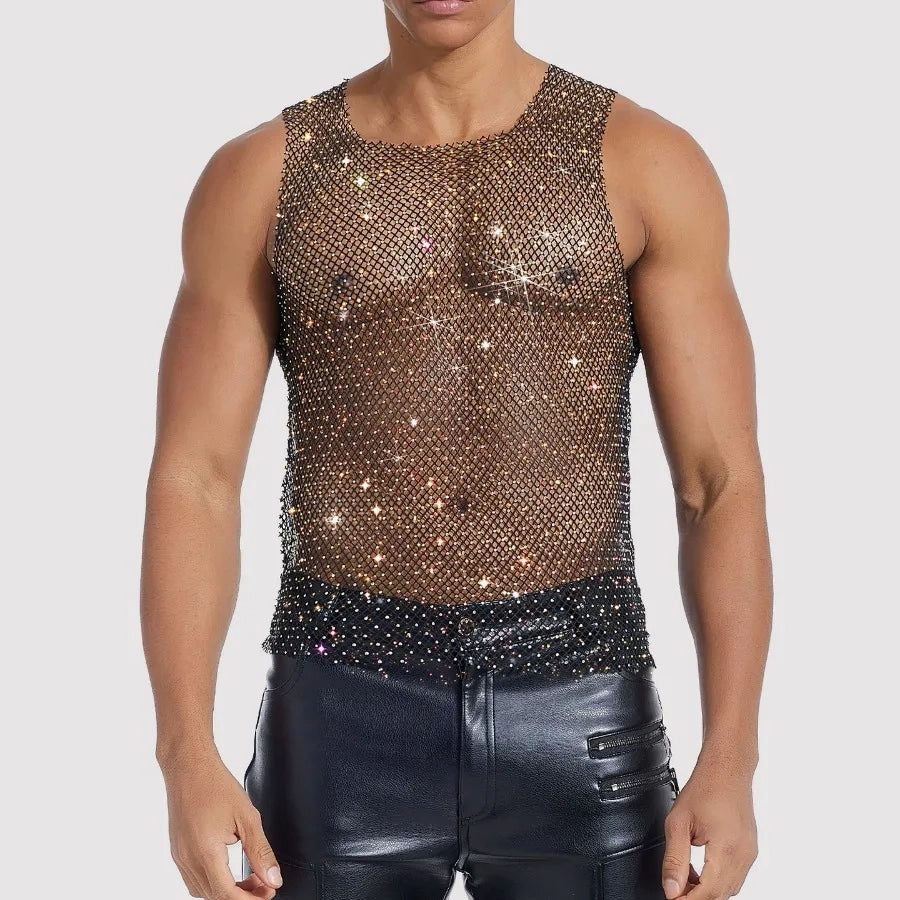 a sexy man in Black White Boy's Crowned Rhinestone Mesh Tank - pridevoyageshop.com - gay men's fashion, clubwear, party outfit

