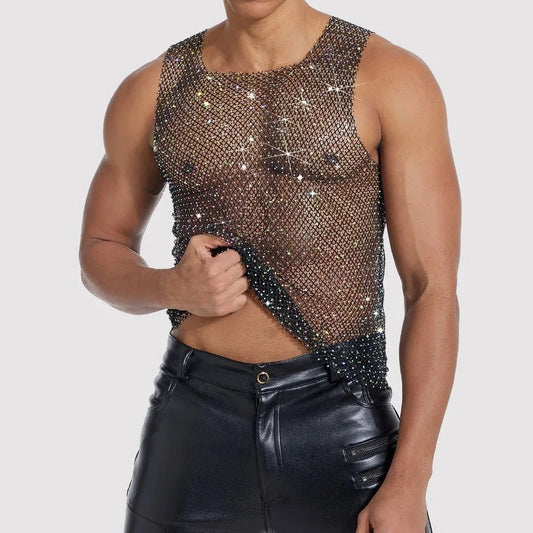 a sexy man in Black White Boy's Crowned Rhinestone Mesh Tank - pridevoyageshop.com - gay men's fashion, clubwear, party outfit
